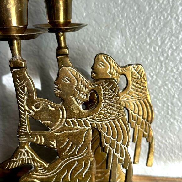 Brass Angel Candle Holders 2 Pc Set Vintage Carved Metal Decor Christmas Holiday - Picture 2 of 9